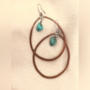 Artisan Copper & Genuine Turquoise Dangle Earrings 925 Silver Hooks